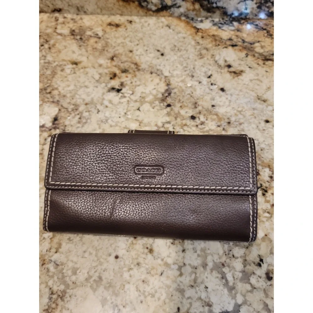 Coach Brown Leather ID Card Holder Bifold Wallet Clutch W/ Check Book Cover